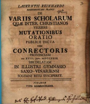 De variis scholarum, quae inter Christianos viguere, mutationibus oratio