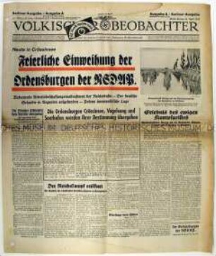 Fragment der Tageszeitung "Völkischer Beobachter" zur Einweihung von drei Ordensburgen der NSDAP (Crössinsee, Vogelsang, Sonthofen)