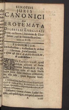 Synopsis Juris Canonici per Erotemata ... Prooemium.
