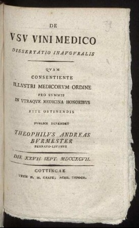 De Usu Vini Medico : Dissertatio Inauguralis ; Die XXVII. Sept. MDCCXCVII.