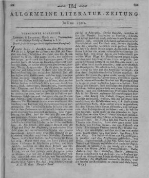 Transactions of the Literary Society of Bombay. Vol. 1-2. Hrsg. v. Literary Society Bombay. London: Longman, Hurst, Rees, Orme and Brown 1820 (Beschluss der im vorigen Stück abgebrochenen Recension.)