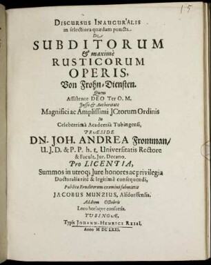 Discursus Inauguralis in selectiora quaedam puncta De Subditorum & maxime Rusticorum Operis,