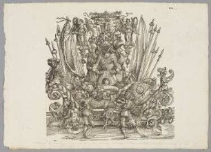 Trophäen der Kriege in Frankreich und den Niederlanden, Blatt 102 aus: Marx Treitzsaurwein, "Kaiser Maximilian I Triumph – le triomphe de l’Empereur Maximilien I en une suite de Cent trent cinq planches gravées en bois d’après les dessins de Hans Burgmair", Wien 1796