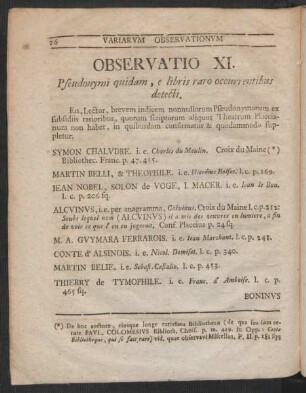 Observatio XI. Pseudonymi quidam, e libris raro occurrentibus detecti