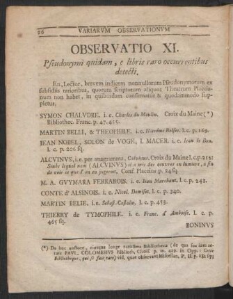 Observatio XI. Pseudonymi quidam, e libris raro occurrentibus detecti