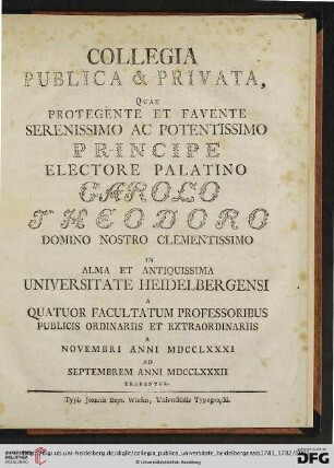 Collegia publica et privata, quae ... in alma et antiquissima Universitate Heidelbergensi ... tradentur