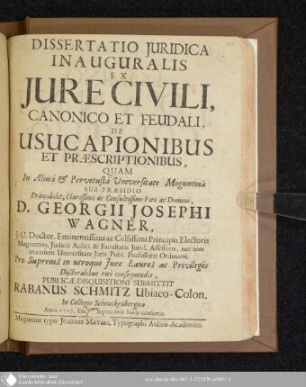 Dissertatio Juridica Inauguralis Ex Jure Civili, Canonico Et Feudali, De Usucapionibus Et Praescriptionibus