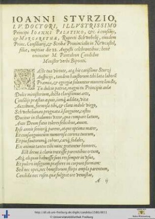 Ioanni Sturzio Et Margarethæ nuptias bene ominatur M. Pantaleon Candidus