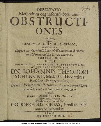 Dissertatio Methodum cognoscendi & curandi Obstructiones continens