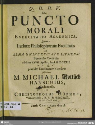 De Puncto Morali : Exercitatio Academica