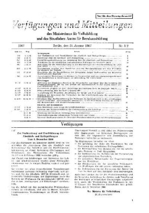Zur Vorbereitung und Durchführung der Abschluß- und Reifeprüfungen : 1/67 vom 8. Dezember 1966 ; [Verfügungen]