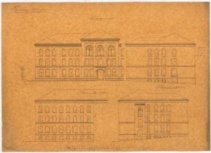 Lehrerseminar, Usingen: 3. Entwurf: Aufriss Vorderseite, Aufriss Rückseite, Aufriss Seitenfassade