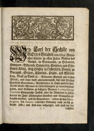2r-3v, Wir Carl der Sechste von Gottes Gnaden ...