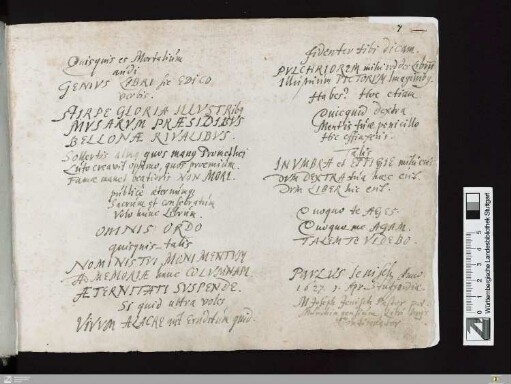 Gedicht von Paul Jenisch und Besitzvermerk von Joseph Jenisch
