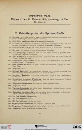 D. Orientteppiche, alte Spitzen, Stoffe (Nr. 323-490)