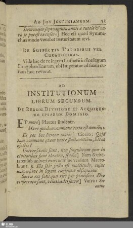 Ad Institutionum Librum Secundum. De Rerum Divisione Et Acquirendo Ipsarum Domino