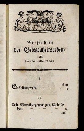 Verzeichniß der Gelegenheitsreden, welche hierinnen enthalten sind.