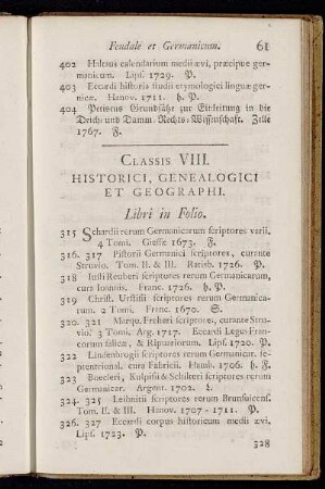 Classis VIII. Historici, Genealogici, et Geographi.