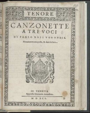 Paolo Bozi: Canzonette a tre voci. Tenore