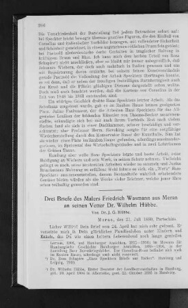 Drei Briefe des Malers Friedrich Wasmann aus Meran an seinen Vetter Dr. Wilhelm Hübbe.