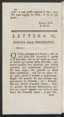 Lettera IX. Replica Alla Precedente