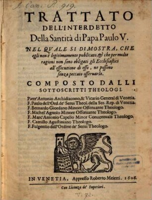 Trattato dell'interdetto della Santità di Papa Paulo V
