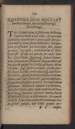 Quantum Orbi Noceant persecutiones, sententia Georgij Kleinbergij.