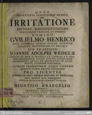 Dissertatio Inauguralis Medica De Irritatione