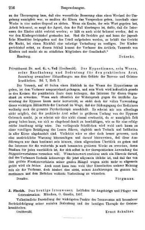 256, J. Finckh. Das heutige Irrenwesen. Leitfaden für Angehörige und Pfleger von Geisteskranken. 1907
