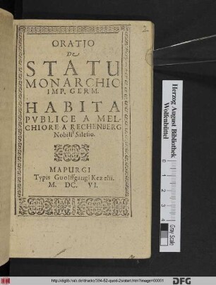 Oratio De Statu Monarchio Imp. Germ.