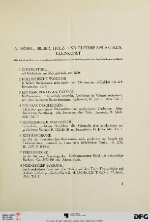 A. Möbel, Silber, Holz- und Elfenbeinplastiken, Kleinkunst (Nr. 1-89)