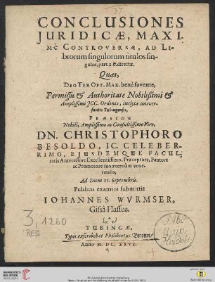 Conclusiones Iuridicae, Maximè Controversae, Ad Librorum singulorum titulos singulos, part. 2. ff. directae