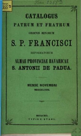 Catalogus Ordinis Fratrum Minorum Provinciae Bavariae S. Antonii de Padua, 1868, Okt.