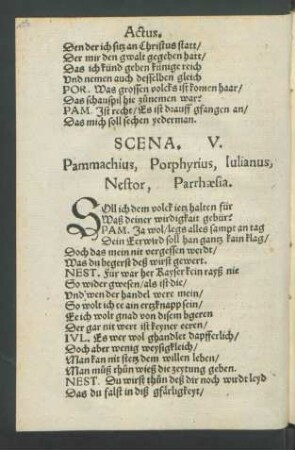 Scena. V. Pammachius, Porphyrius, Iulianus, Nestor, Parrhaesia