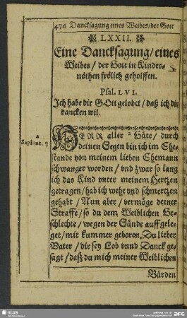 LXXII. Dancksagung eines Weibes, der Gott in Kindesnöthen fröhlich geholfen