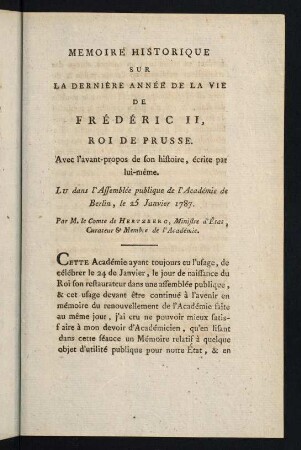 333-370, Memoire Historique sur la Dernière Année de la Vie de Frédéric II, Roi de Prusse.