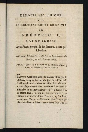 333-370, Memoire Historique sur la Dernière Année de la Vie de Frédéric II, Roi de Prusse.