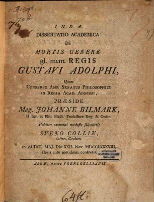 Diss. acad. de mortis genere gl. mem. regis Gustavi Adolphi