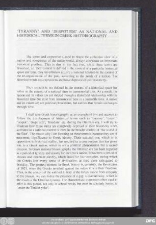 'Tyranny' And 'Despotism' As National And Historical Terms In Greek Historiography
