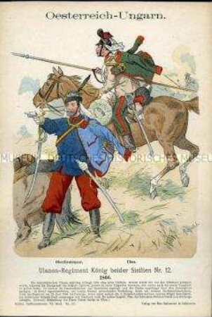 Uniformdarstellung, Oberleutnant und Gemeiner des Ulanen-Regiments "König beider Sizilien", Kaiserreich Österreich-Ungarn, 1866.