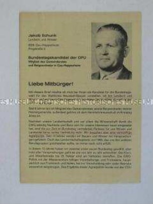 Propagandaschrift der Deutschen Friedens-Union zur Bundestagswahl 1965 mit der Vorstellung eines Kandidaten