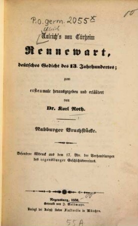 Uolrich's von Türheim Rennewart : deutsches Gedicht des 13. Jahrhundertes ; Nabburger Bruchstücke