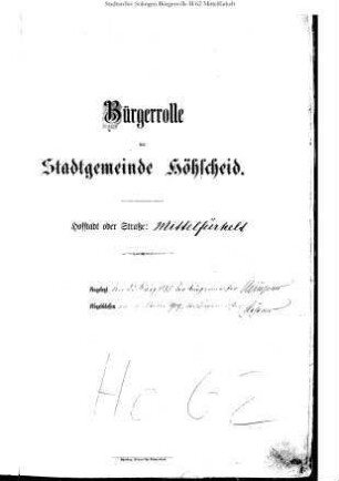 Höhscheid: Mittelfürkelt 1885 – 1909 / 1909 - 1921; Mittelhöhscheid 1884 – 1896 / 1896 - 1921; Mittelkatternberg 1884 – 1909 / 1909 - 1921