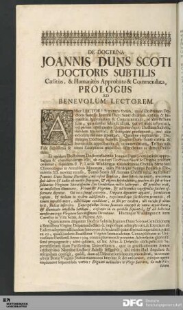 De Doctrina Joannis Duns Scoti Doctoris Subtilis [...] Prologus Ad Benevolum Lectorem.