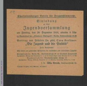 Charlottenburger Verein für Frauenstimmrecht - Einladung zu Jugendversammlung