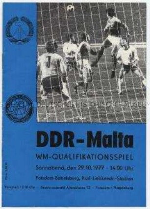 Programmheft zum Fußball-Länderspiel DDR-Malta 1977 in Babelsberg
