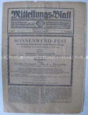 Mitteilungsblatt des Verbandes der graphischen Hilfsarbeiter und -arbeiterinnen Deutschlands mit dem Aufruf zum Sonnenwend-Fest
