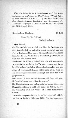 Kunsthalle zu Hamburg 10. 1. 02 Herrn Dir. Dr. G. Pauli Hochwohlgeboren