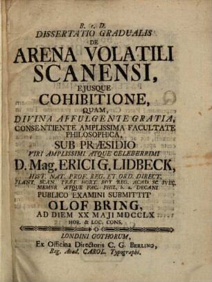 Diss. grad. de arena volatili Scanensi, eiusque cohibitione