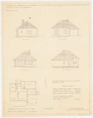 Wohnhaus Boelicke, Berlin-Nikolassee: Grundriss Erdgeschoss, 4 Ansichten 1:100